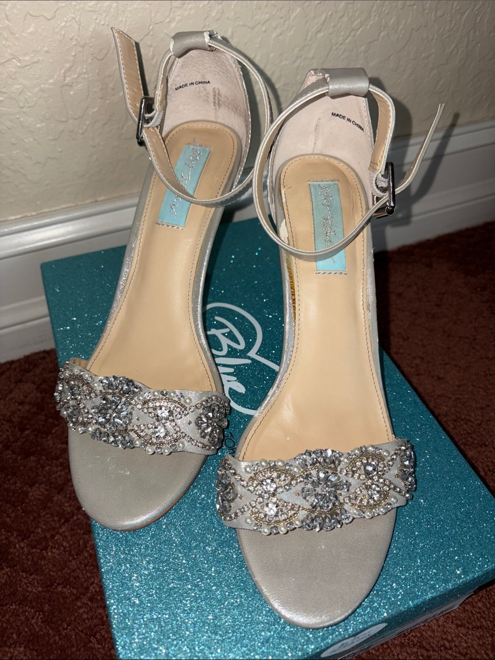 Betsey Johnson Silver Crystal-Ankle Strap Heels